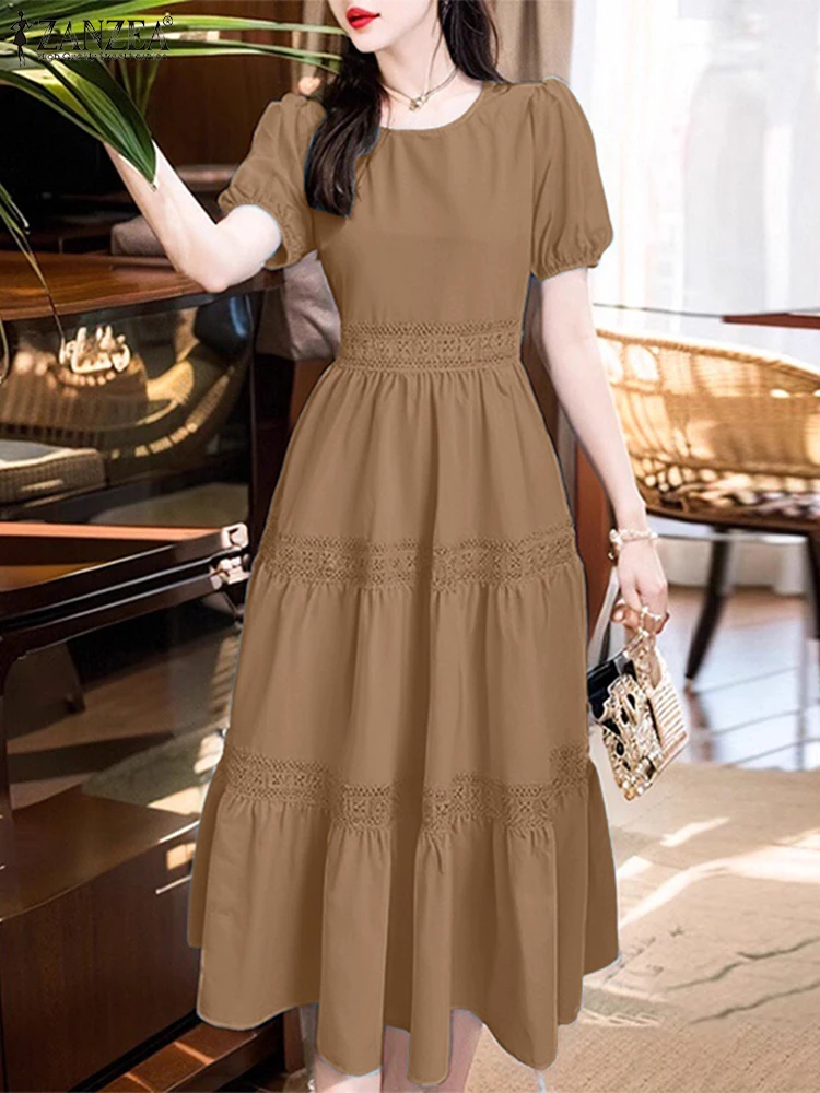 

ZANZEA Elegant Short Puff Sleeve O-Neck Tiered Midi Dresses Solid Lace Patchwork Womens 2025 Summer Vacation A-line Robes Femme