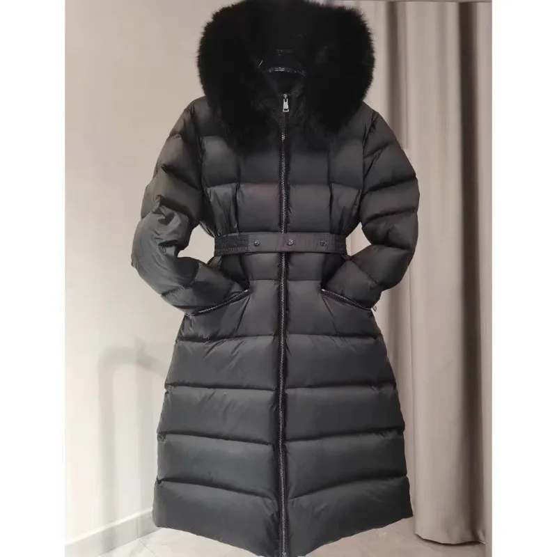 Winter New Large Fur Collar Belt Thickened White Duck Down Jacket Women's Mid-length Down Coats Warm Slim Puffer Jacket Women - Image 2