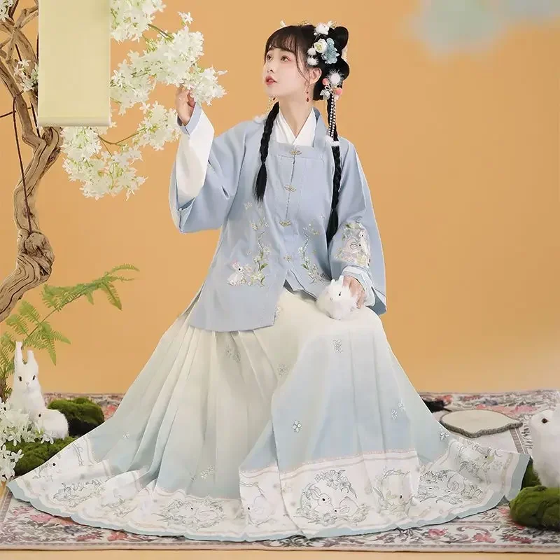 Hanfu Ming Dynasty توب أرنب تقليدي بياقة مربعة ، تنورة وجه حصان ، تنورة أماي ميان ، 3 طقم ،