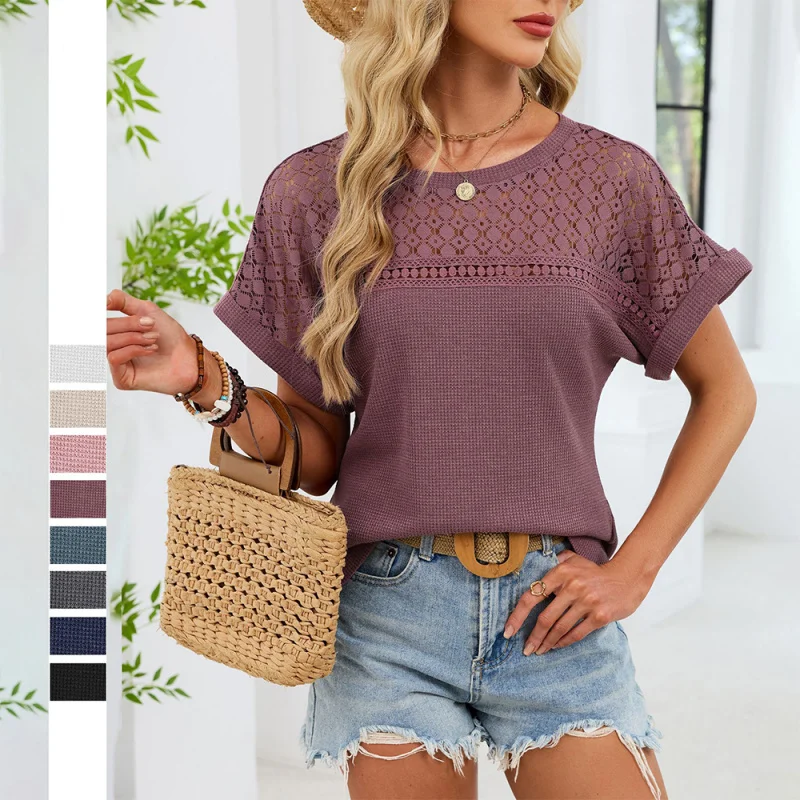 Fashion Lace Crochet Waffle Knit Tops for Woman Clothes Summer Vacation Casual Loose Fit Short Sleeve Tee