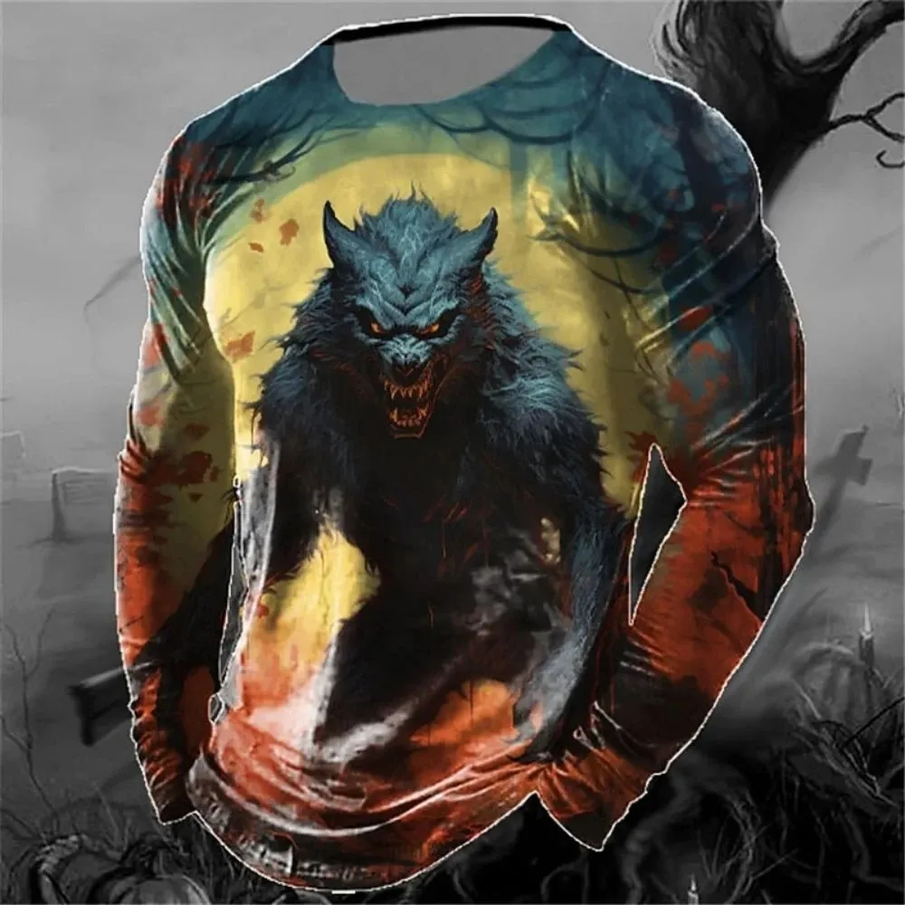 

Men's Spring And Autumn Personality Retro Animal Wolf 3d Printed Round Neck Long Sleeve T-Shirt Casual Loose Breathable Jumper