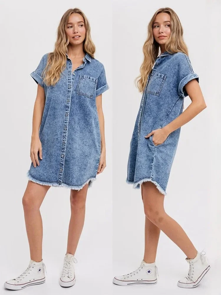 

Women's cardigan denim dress 2024 New Retro Loose Polo Neck Short Sleeve Pocket Single breasted Casual Dress vestidos para mujer