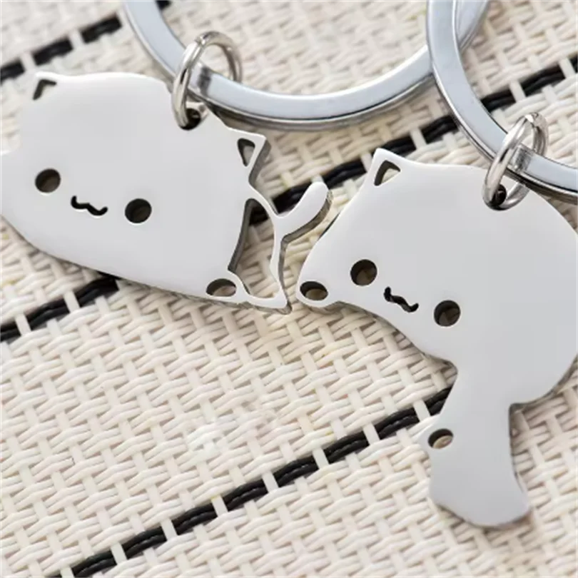 1/2pcs Cute Cat Keychain Stainless Steel Keyring Couple Lover Bestie Animal Matching Keyring Pendants Valentine's Day Gift