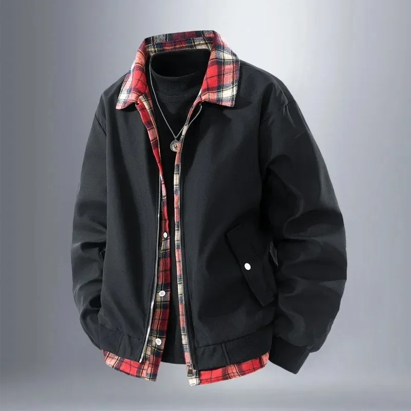 

Autumn Matching Student Style Full Sleeve Collar Patchwork Coat New Plaid Loose Dyeing Casual Jacket Couple Clothing Outerwear