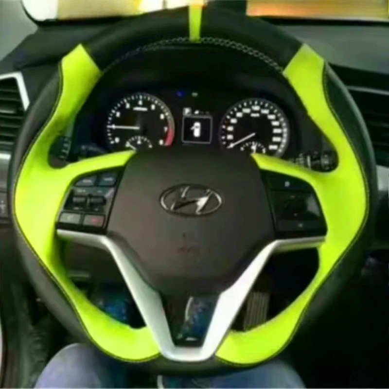 For Hyundai Tucson 2015 2016 hand-stitched black Green genuine Leather Car Steering Wheel Cover