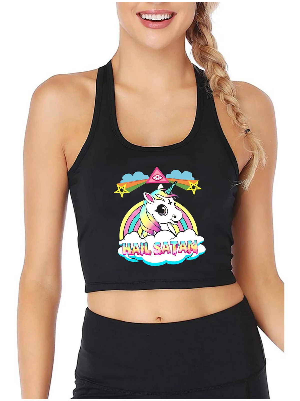Rainbown Unicorn Hail Satan Graphic Sexy Slim Fit Crop Top Women's Death Metal Design Cotton Tank Tops Satanism Camisole