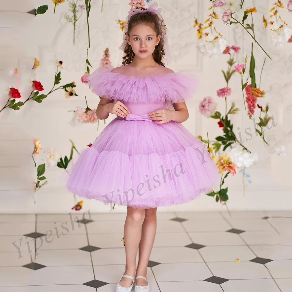 

Cute Wedding Flower Girl Dress Round Neck Off The Shoulder Pleat Ruched Knee Length Firtst Communion Gown Birthday Party Dresses