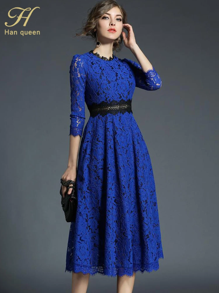 H han queen 2018 Spring New Women\'s Lace Dresses Floral Crochet Hollow Out Vestido Patchwork Casual Slim Office Party Long Dress