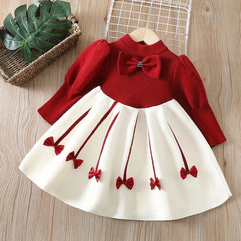 

Children's Elegant Skirt Kids Girls Exquisite Dress Light Color Knit Turtleneck Puff Sleeves Large Embellished Bow Cream Colored