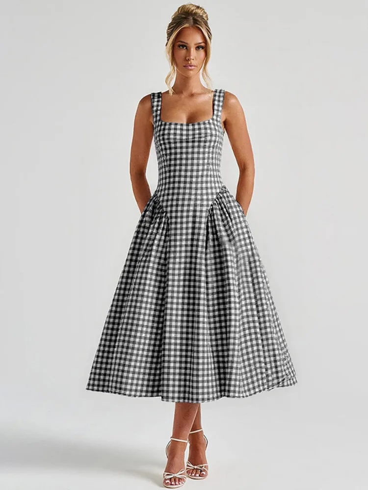 Plaid Printed Spaghetti Strap Sexy A-line Dress Women 2026 Elegant Summer Dress Backless Party Midi Dress Vestidos - Image 6