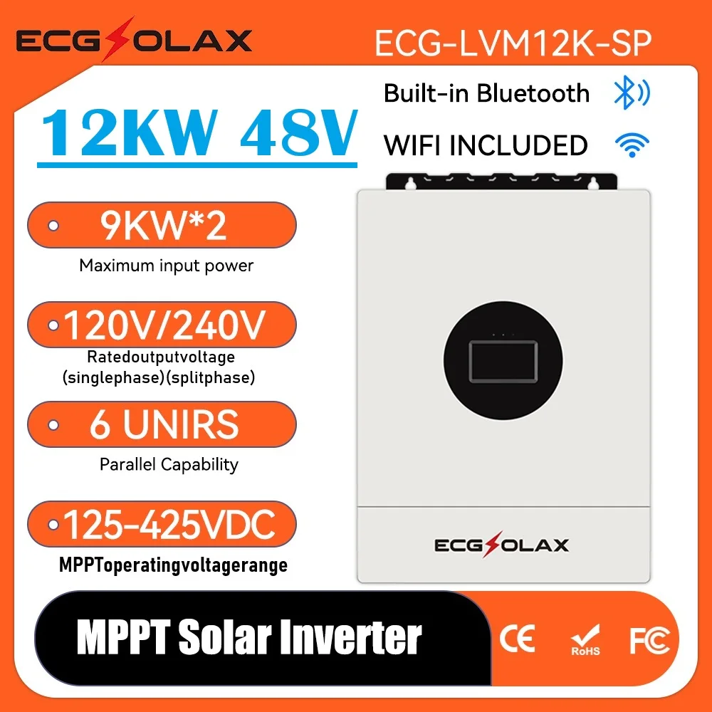 

ECGSOLAX 12 кВт 48 В гибридный солнечный инвертор с разделенной фазой 120 В/240 В двойное зарядное устройство MPPT 200 А параллельное встроенное Wi-Fi и Bluetooth