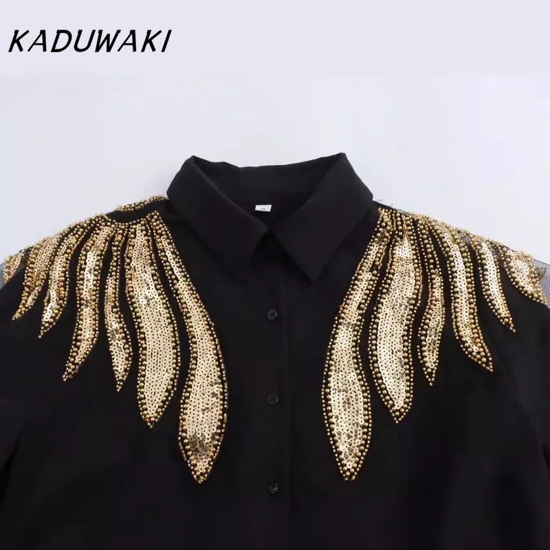 KADUWAKI American Vintage Lapel Long-sleeved Heavy Beaded Decorated Blouses Casual Single-breasted Loose Streetwear Unisex Shirt