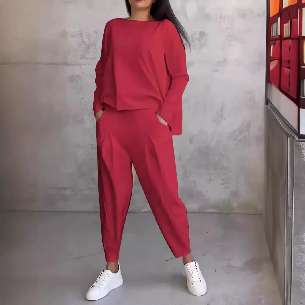 

Fashion Solid Casual Suit For Women Elegant Round Neck Long Sleeved Loose Top Nine Point Pants Two Piece Set 2024 Autumn New