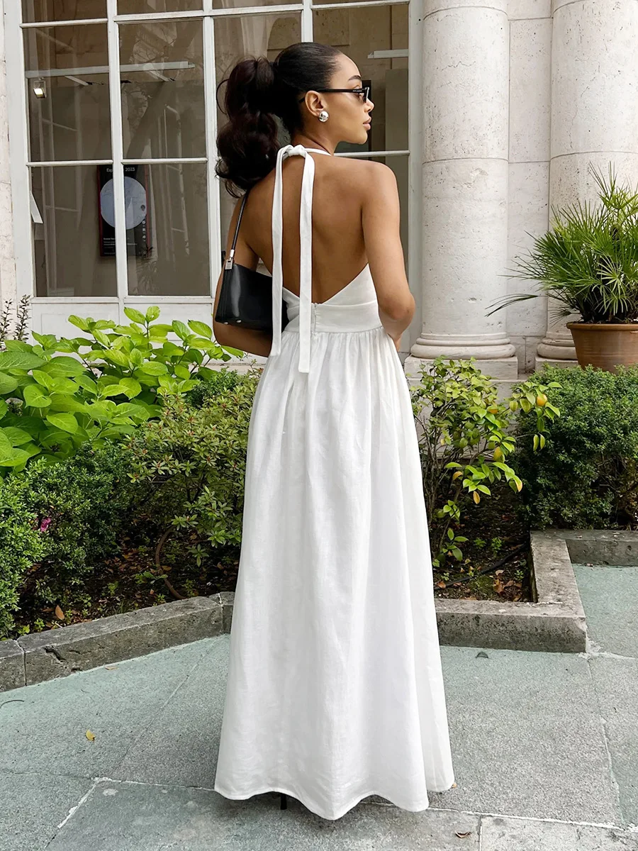 Bornladies Frühling Sommer Neues Damen Baumwoll-Trägerkleid Weibliches Tailliertes V-Ausschnitt Langes Kleid Modisches Oversize-Kleid – Detail 9