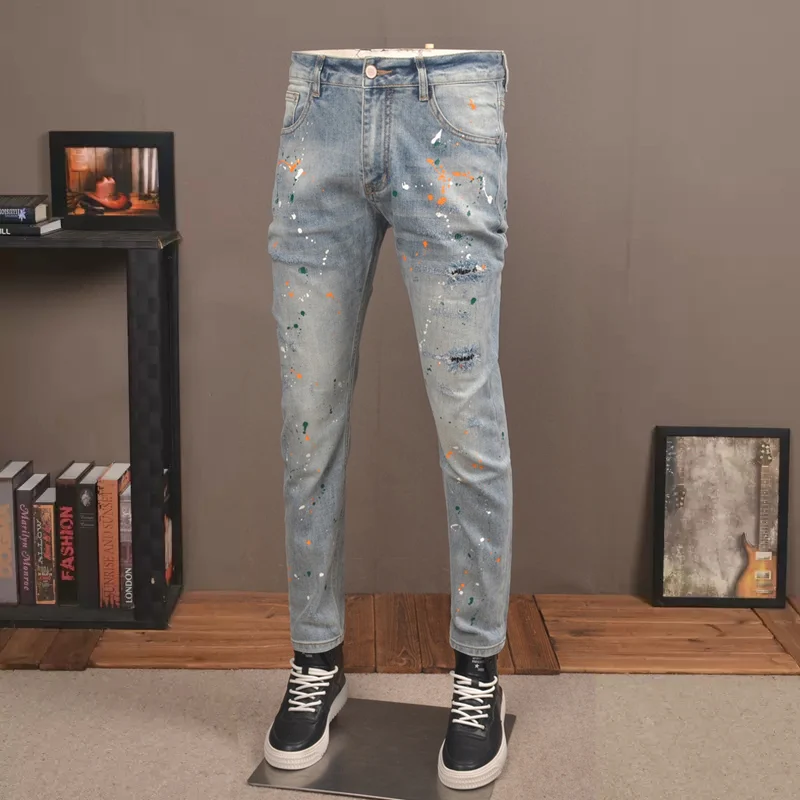 Fashion Designer Men Jeans Retro Light Blue Stretch Slim Fit Ripped Jeans Men Streetwear Elastic Painted Hip Hop Pants Hombre
