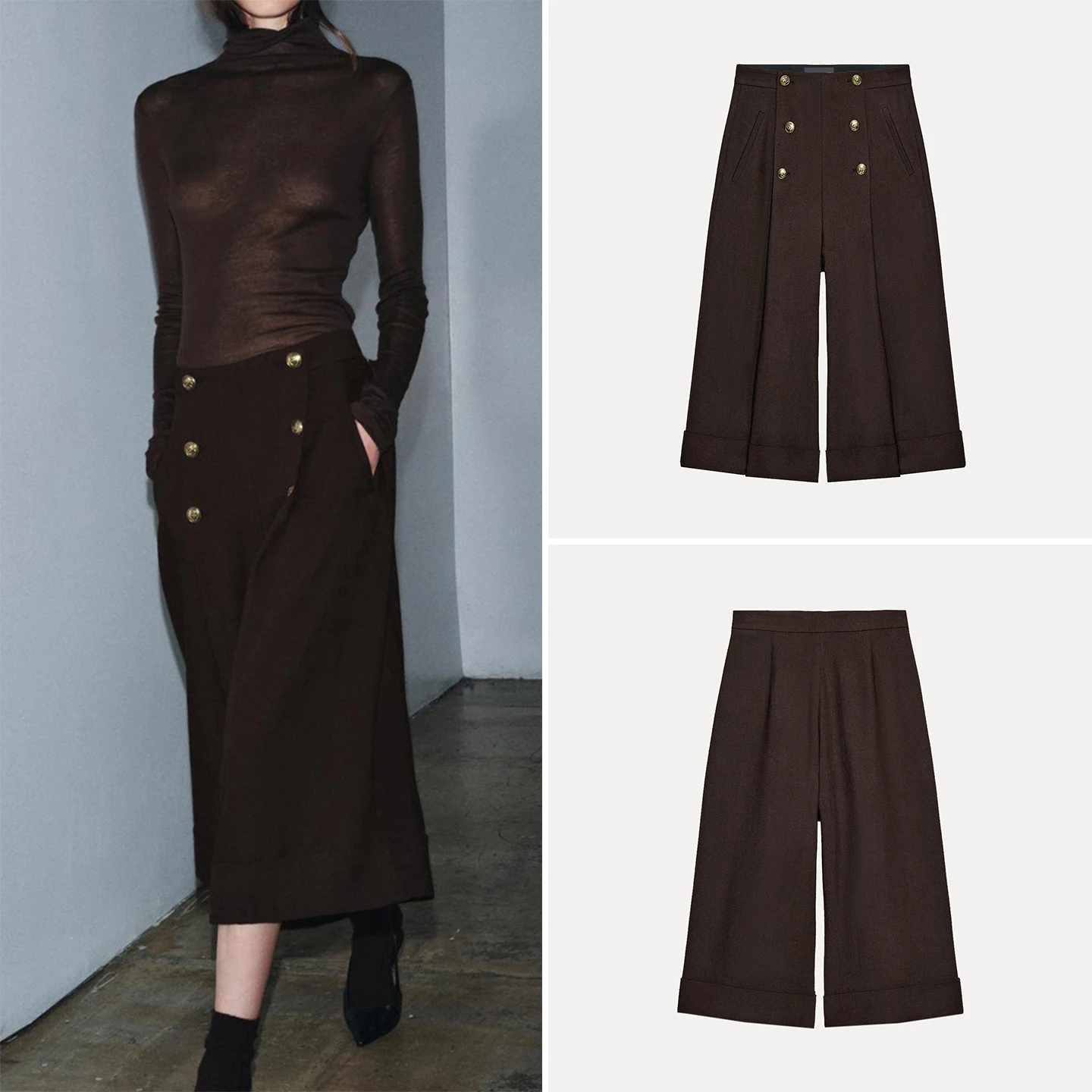 Z Faionable Mid-Length Casual orts for Women Button Decorated Versatile Sli Ladies Pants l Waist Wide Leg