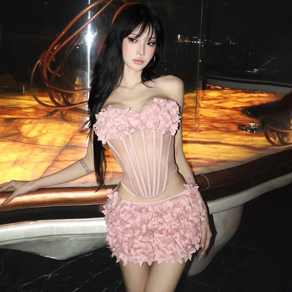 Kliou Fluffy Design 2 Piece Set Woman Lace Patchwork Wrap Chest Backless Tank Tops+Ruched Mini Skirts Sweet Girls Y2K Style Suit