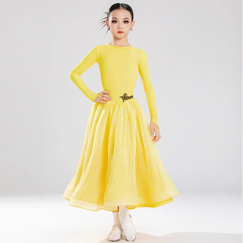 

Желтое бальное платье для девочек, костюм для соревнований по стандартным танцам, костюм для танцев с длинными рукавами, детский костюм для современных танцев, сценическая одежда VDL5053