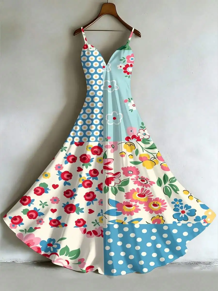 

Womens Floral And Polka Dot Slip Dress Umbrella Shape Summer Beach Vacation Dress