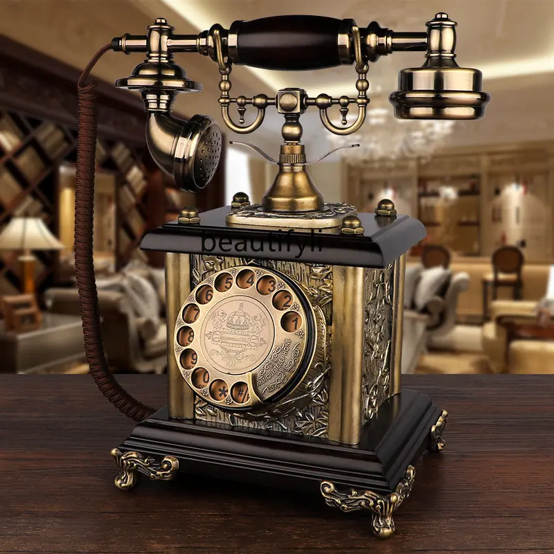 Antique Telephone European Retro Vintage Solid Wood Rotating Plate Living Room Home Telephone Stand Pastoral New