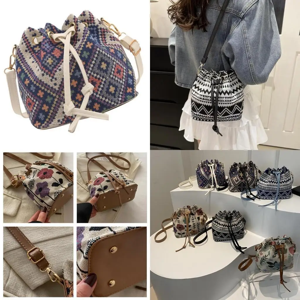 

D46D Women Bag Ethnic Styles Shoulder Bag Fashion Bag Simple Bucket Bag Drawstring Crossbody Bag for Daily Travel