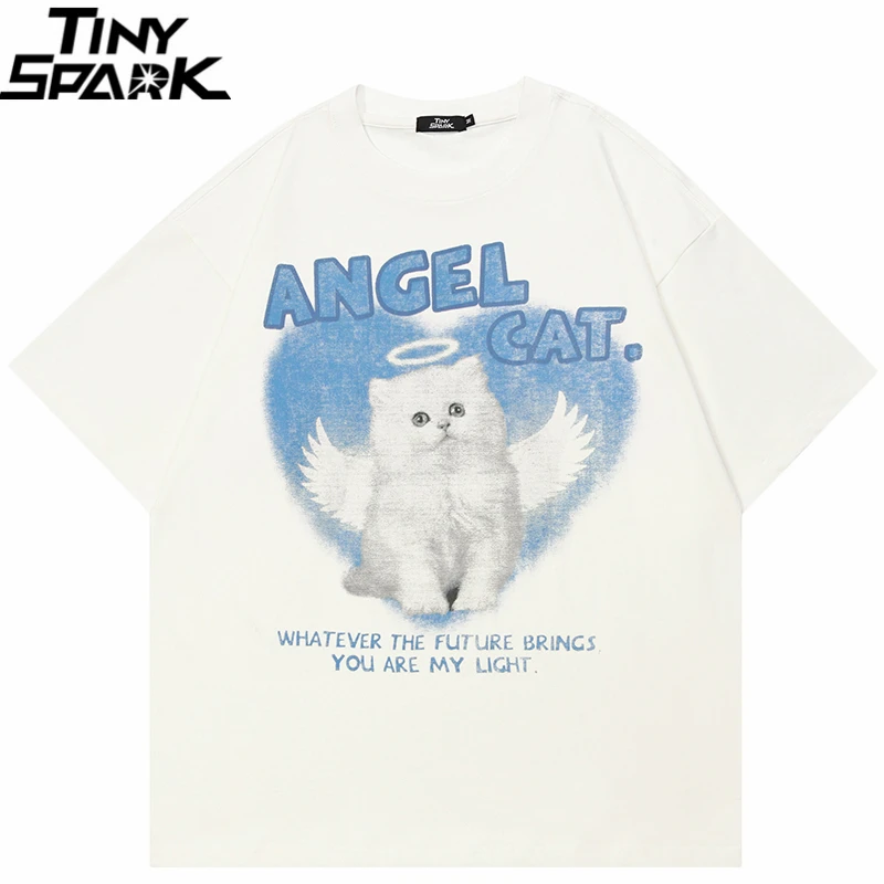 2024 Männer T-Shirt Streetwear Tier Grafik lässig weiß T-Shirt Baby Engel Katze Tops T-Shirts Baumwolle T-Shirt Unisex Mode Kleidung