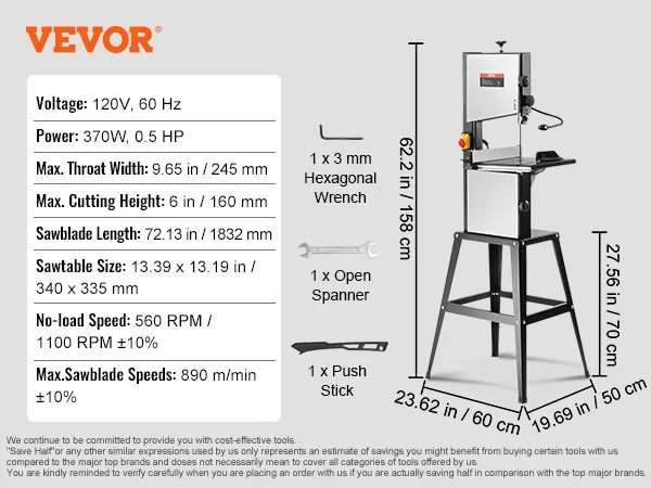 10/14Inch Band Saw 2-Speed Continuously Viable Benchtop Bandsaw with Optimized Work Light for Woodworking Aluminum Plastic