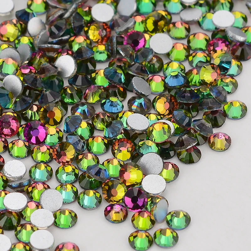 SS3-SS30 Rainbow Glass Flatback Rhinestone Glitter Colorful Round Silver Bottom Glue On Crystal Stones for Dress Decoration