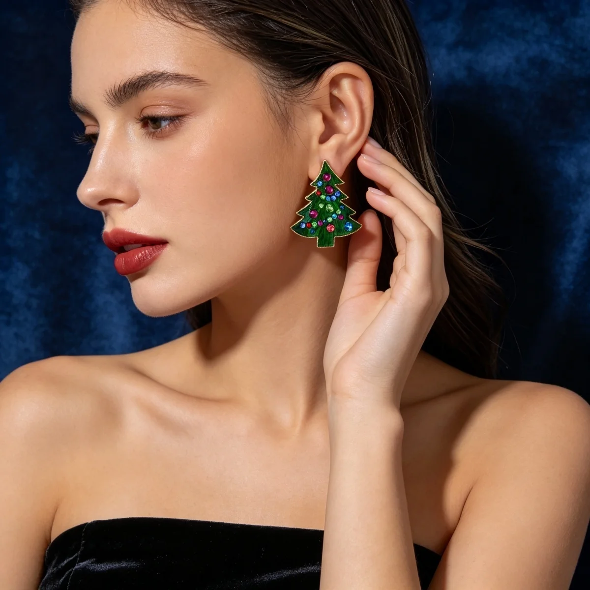 Bunte Strass-Ohrringe mit grüner Emaille, Weihnachtsbaum-Ohrstecker für Frauen, künstliche Perlen, Weihnachtsbaum-Ohrringe, Neujahrsparty-Schmuck – Detail 13