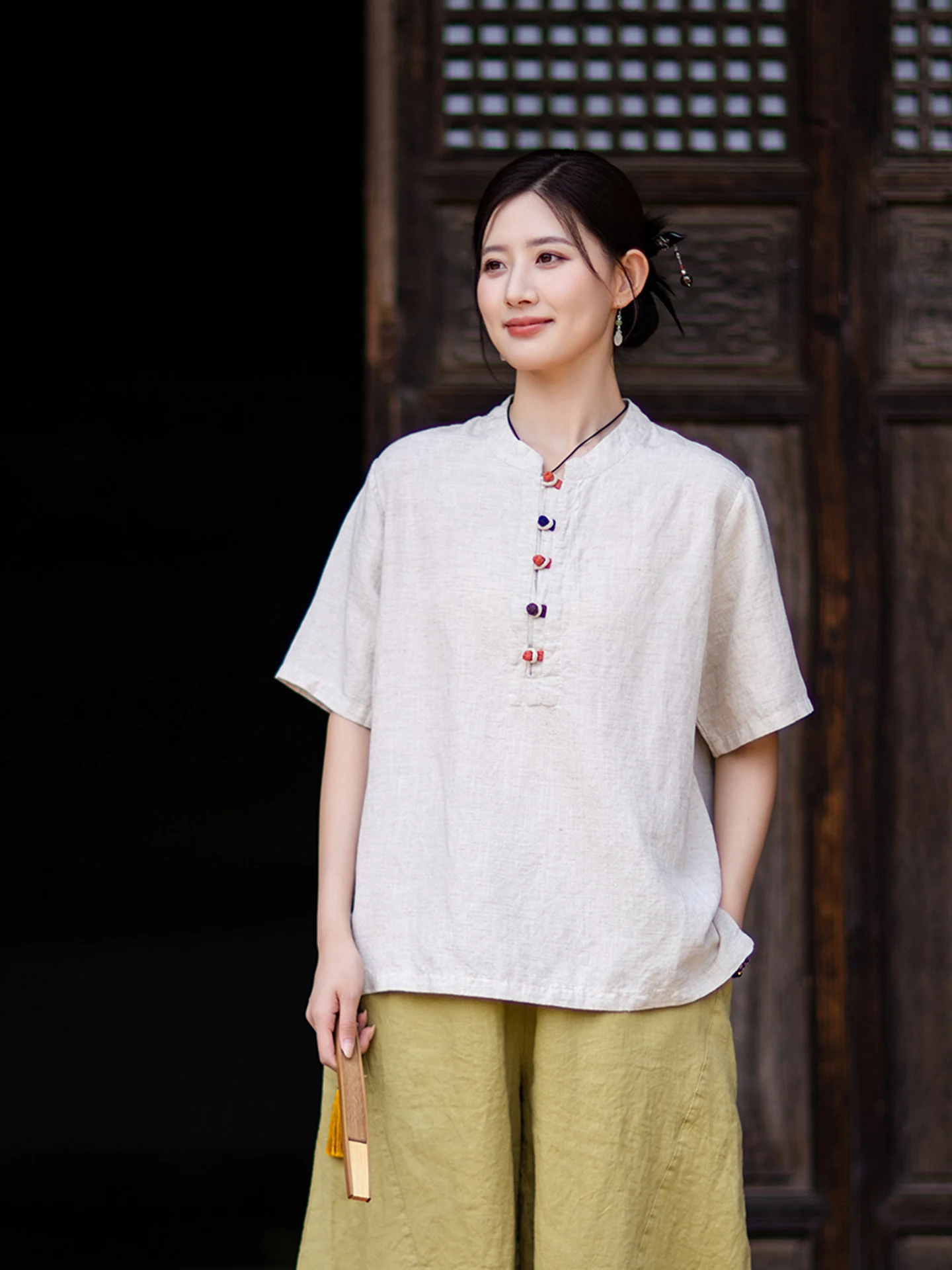 High-End New Chinese Style Women's Shirt Summer New Vintage National Style Short Sleeve Button-Up Top Tea Service T-Shirt