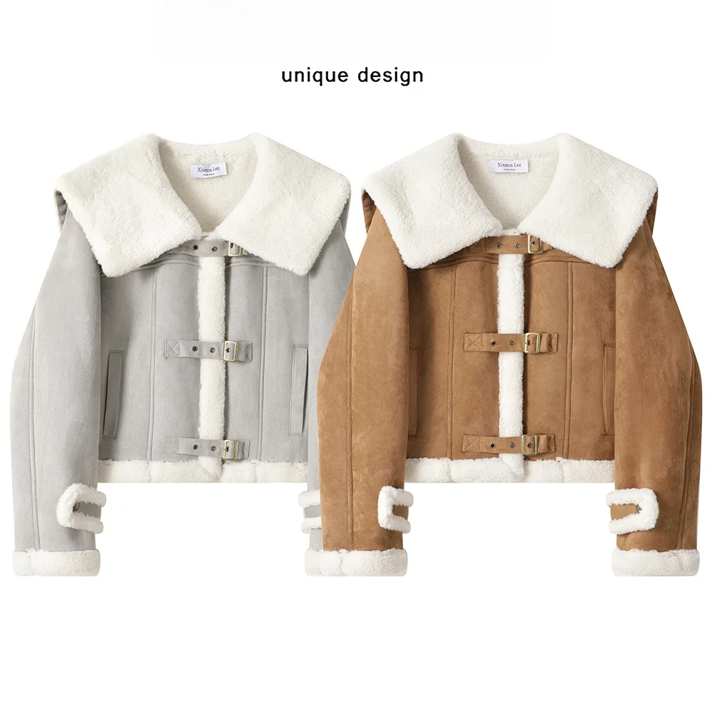 

Korean Sle Versatile Thiened Lamb Fur Jaet Women's Fce Lined Winter Design Inteated Leather And Fur Top