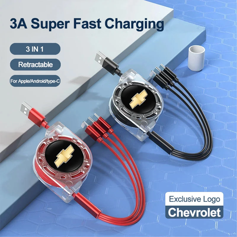 Cable de datos 3 en 1, cabezal de cargador USB para coche, accesorio retráctil para Chevrolet Spark Groove Volt Trax Niva Captiva Cruze Epica