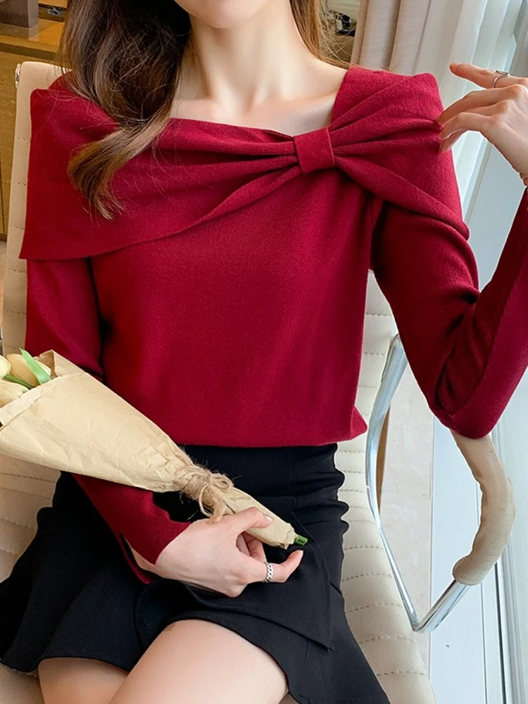 Autumn Winter Elegant Fashion Bow Sweater Ladies Slim Solid Color Slit Knitting Pullovers Women\'s Vintage All-match Jumpers Top