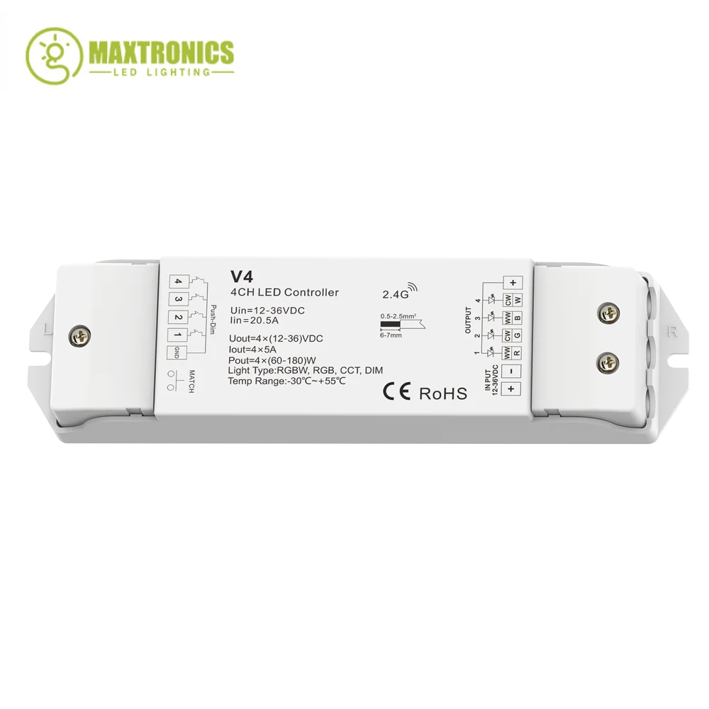 DC12V 24/36V RF 2.4GHz Wireless LED RGBW Dimmer Controller 4 canali Max 720W Per 3528 2835 5050 RGB RGBCW RGBWW LED Strip Tape