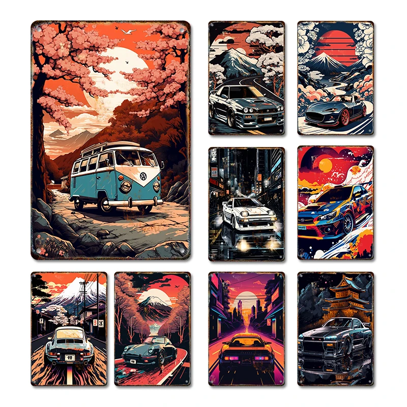 Japanese Style Manga Car Tin Painting Red Sun Comic Metal Signage Poster Living Room Bar Club Garage Art Decorative Inor Picture