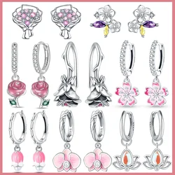 Boucles d'oreilles en argent regardé 925 pour femme, série de fleurs végétales, cadeau de bijoux de boutique élégant, haut de gamme, épine, rose, chemin de fleurs