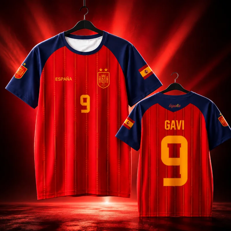 New 3D Spain Team Football Shirt Comfortable Breathable Quick Drying Short Sleeved T-shirt Fan Gift Suitable for Family Wear
