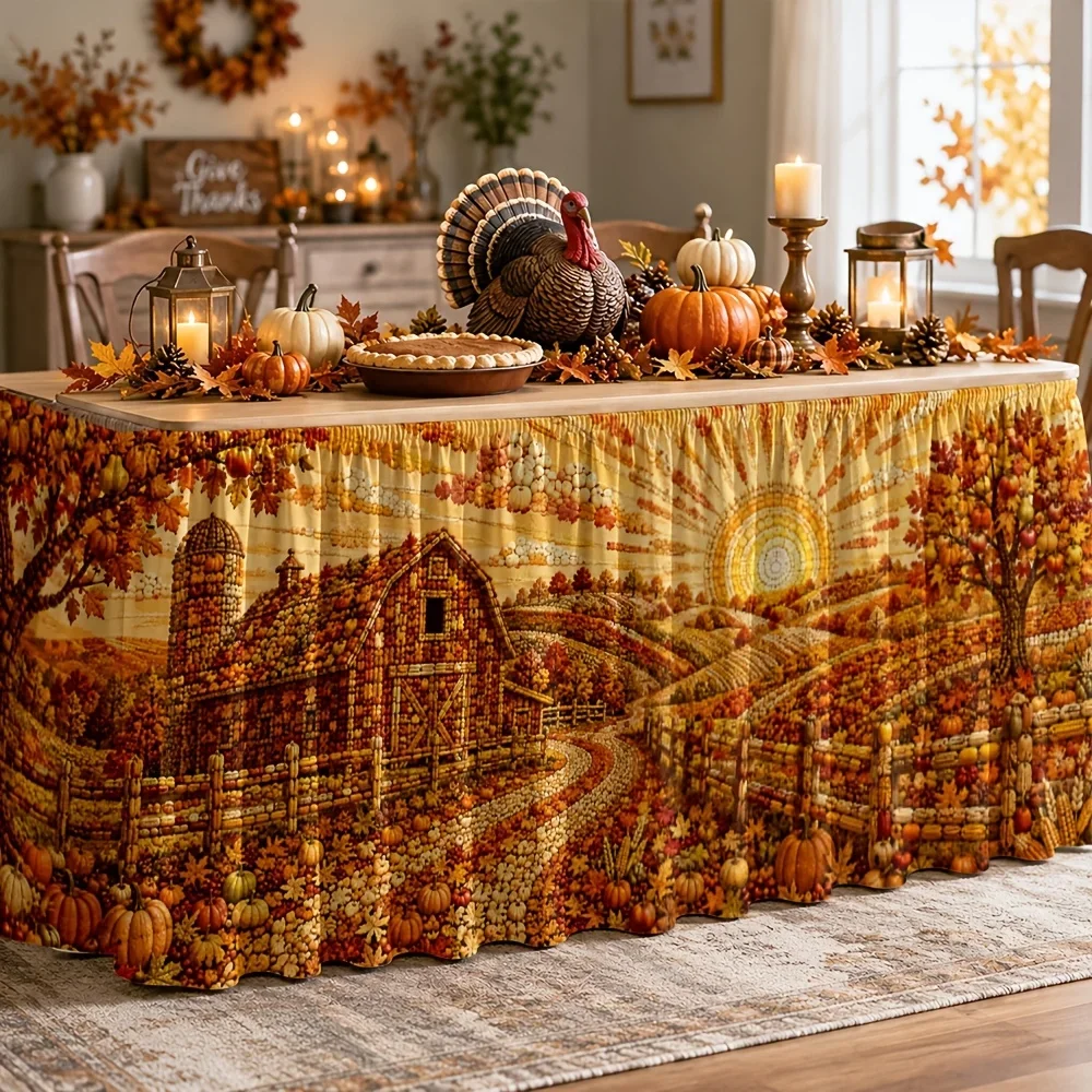 Tablecloth Autumn Countryside Scenery Harvest Village Cottage Fallen Leaves Warm Sun Thanksgiving Autumn Partyxzj