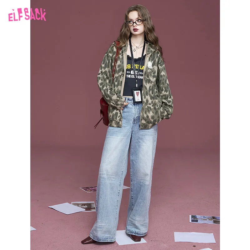 2024 Autumn ELFSACK New Arrivals American retro leopard print loose sports casual hooded sweatshirt jacket for women