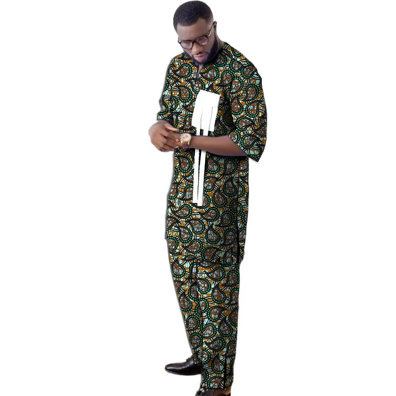 African Style Print V-neck Men’s Set Innovative Design Shirt Patch Elastic Waist Pants Tailored Traditional Party Wear