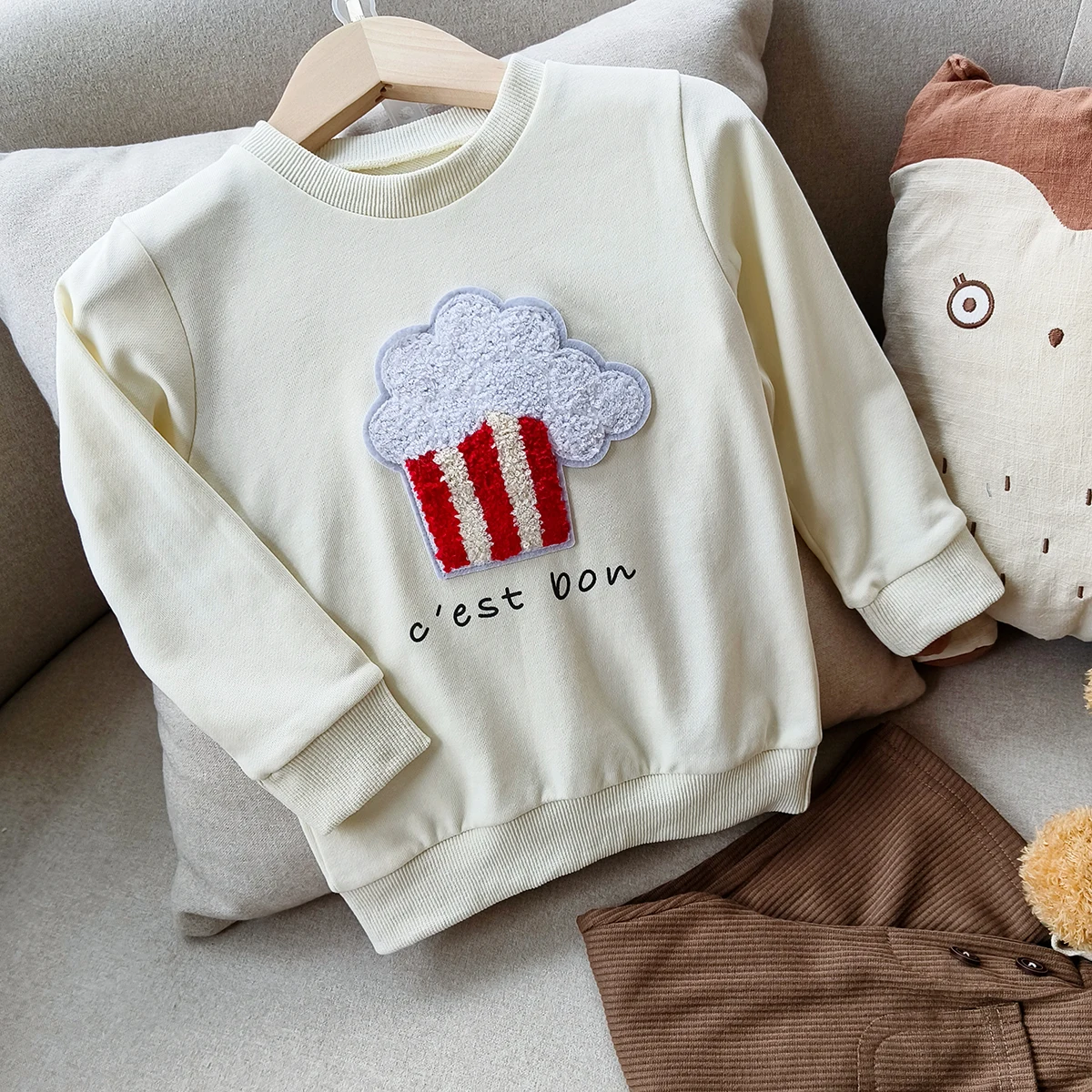 2024 autumn new in kids baby boys cute clothing set 2pcs - children toddler flocking ice cream top sweatshirts+pants