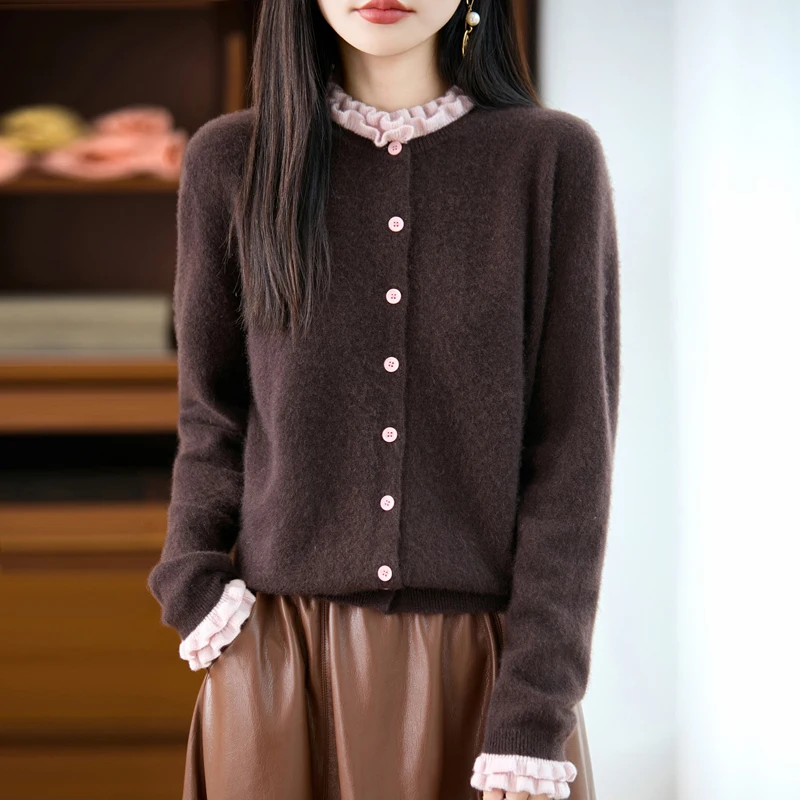 Cardigan en laine pour femme, pull froissé, doux, chaud, ample, mode, blocage des couleurs, vêtements tricotés, confortable et élégant, 2025