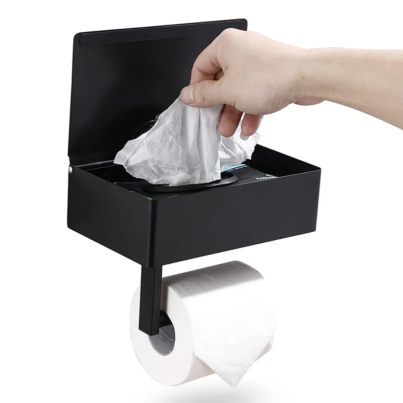 

Roll Holder Can Hold Wet Wipes Stainless Steel Drawer Box Punch-free Rack Black Tissue Box Tissue Holder