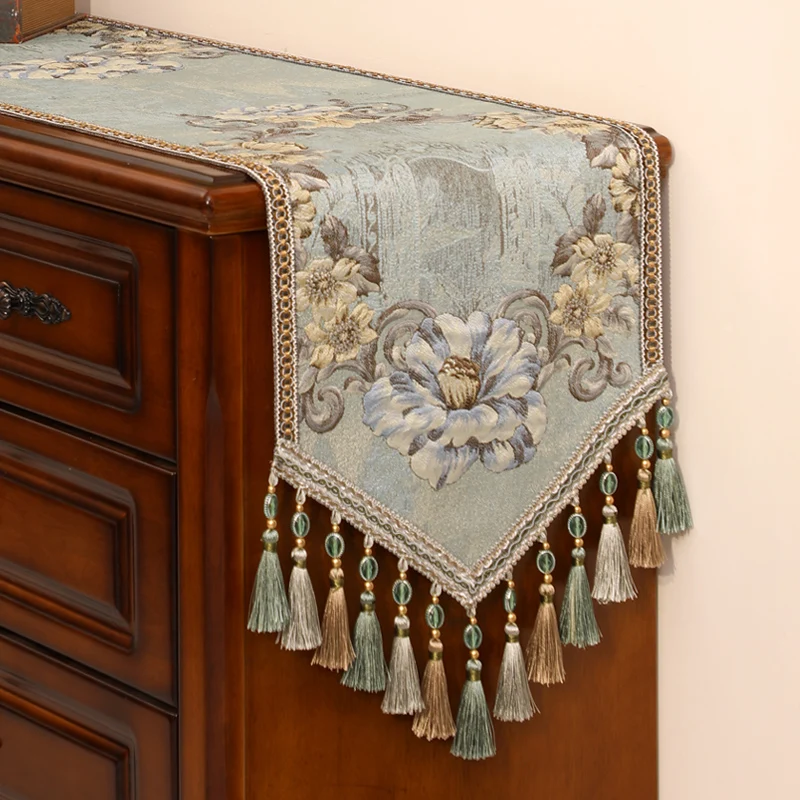 

Jacquard Embroidery Table Runner Luxury Retro Tassel Table Runner Party Home Kitchen Dining Room Table Decor TV Cabinet Cover
