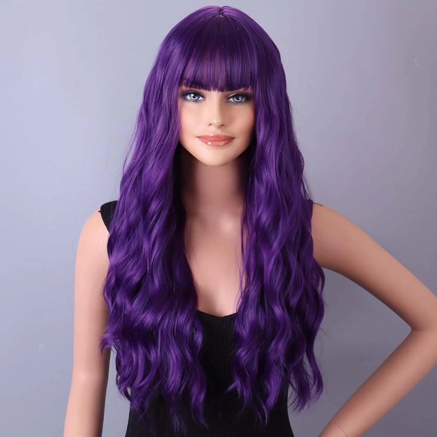 Purple Long Curly Synthetic Wigs for Women Colorful Cosplay Party Fake Hair  Wig HighTemperature