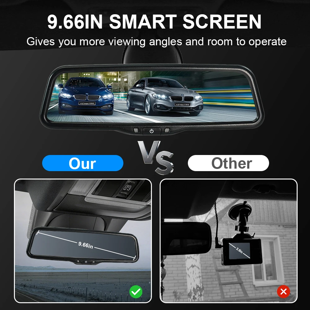 9.66 Inch Car Rearview Mirror Monitor For Volvo S80 2006-2010 HD Reversing Full Screen Display Supports 1080P 720P AHD CVBS