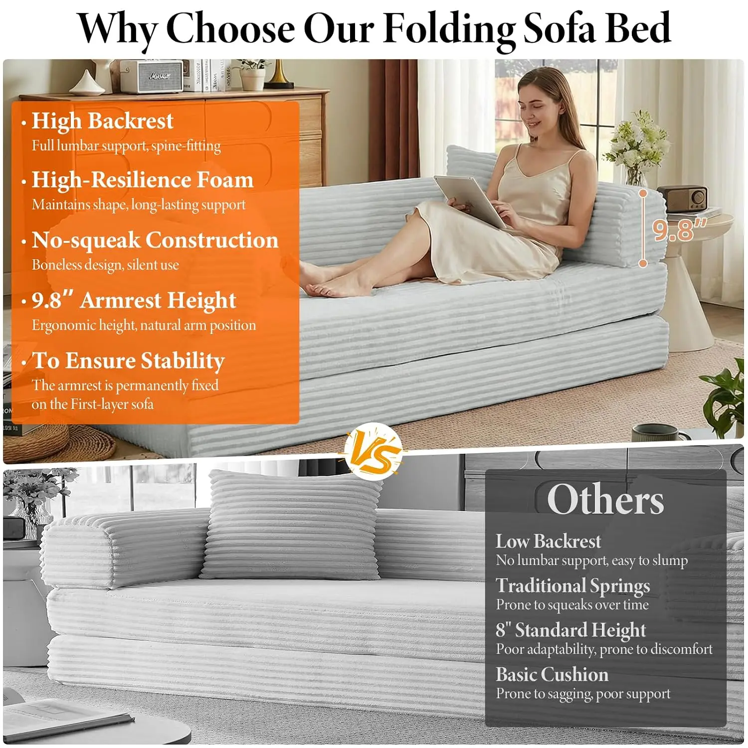 Convertible Futon Sofa Bed, Fold Out Floor Sleeper with Deep Seat, Cloud Corduroy Foldable Mattress for Living Room, Customized