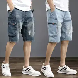 Bermuda Short Jeans Pants for Men with Pockets Man Denim Shorts Cargo Baggy New In Cut Trend 2024 Buttons Retro Luxury Thin Sale