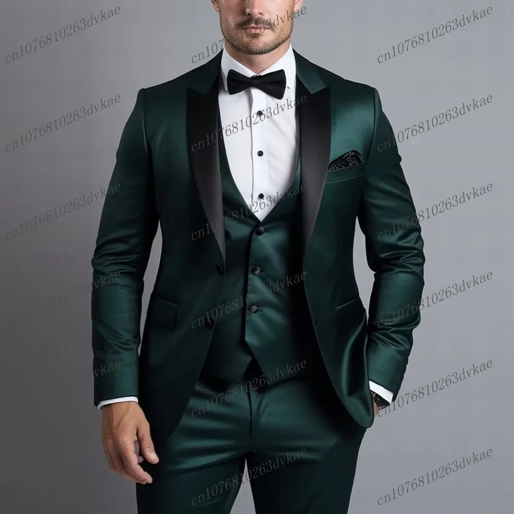 

Acetate Satin Dark Green Men Suit Groom Groomsman Prom Wedding Party Formal Occasion Male Tuxedos 3 Piece Set Blazer Vest Pants