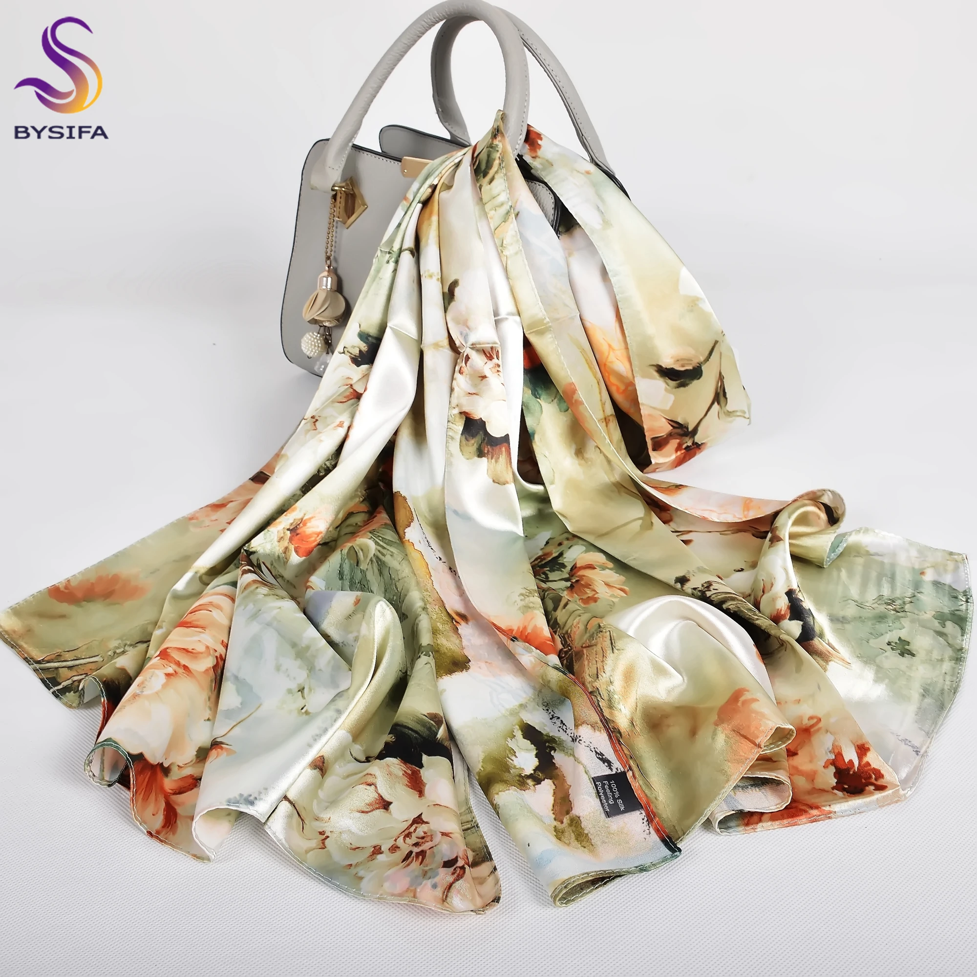 [BYSIFA] Silk Scarf Shawl Femmes Foulard New Magnolia Design Ladies Double Faces Long Scarves Printed Beige Pink Hijabs160*70cm